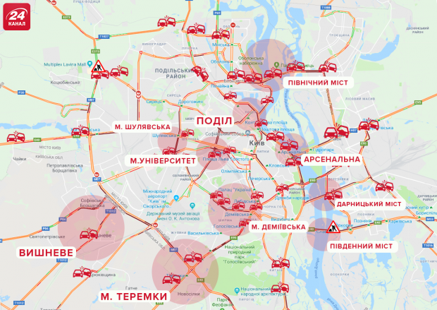 Затори у Києві: місто паралізувало після першого снігу – карта