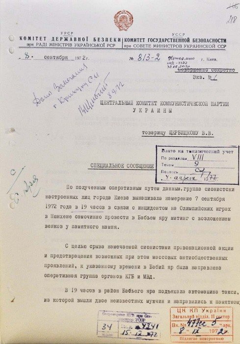 СБУ опубликовала документы в подтверждение сопротивления КГБ чествованию памяти погибших в Бабьем Яру