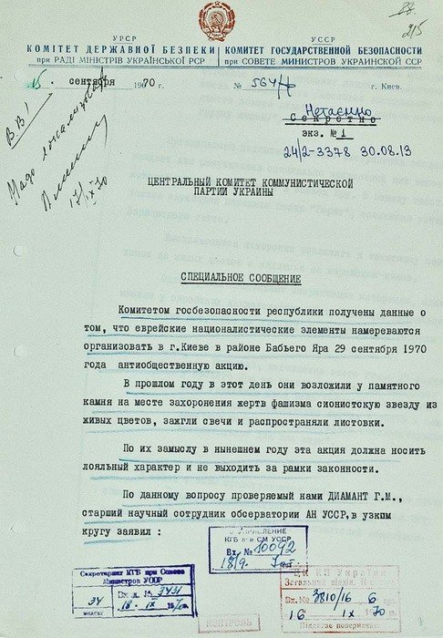 СБУ опубликовала документы в подтверждение сопротивления КГБ чествованию памяти погибших в Бабьем Яру